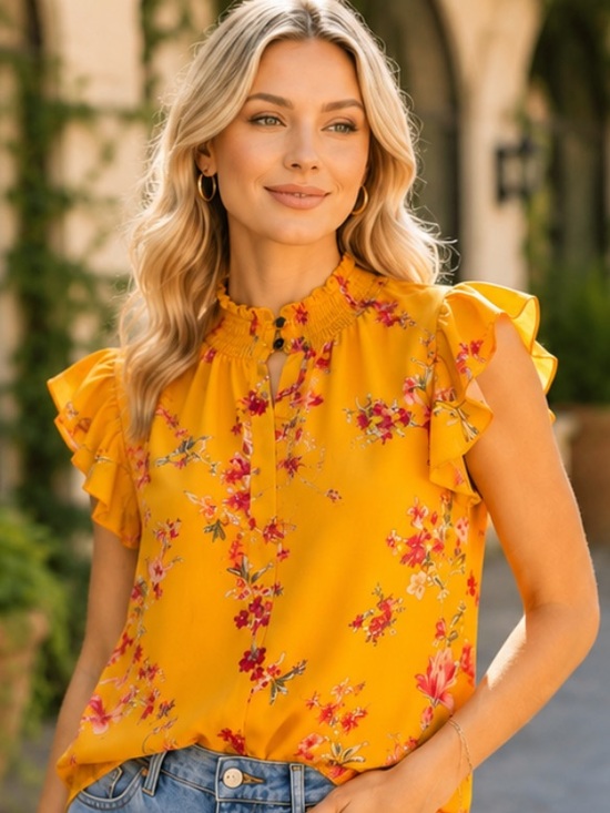 1.State Tops - 1. State Mustard Floral Ruffle-Sleeve smoked neck Blouse. S